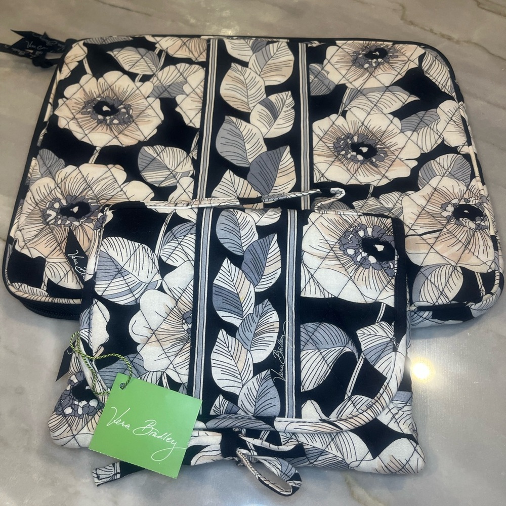 NWT Vera Bradley travel bundle: Laptop/iPad Pro Cover & Cosmetic Bag B&W floral